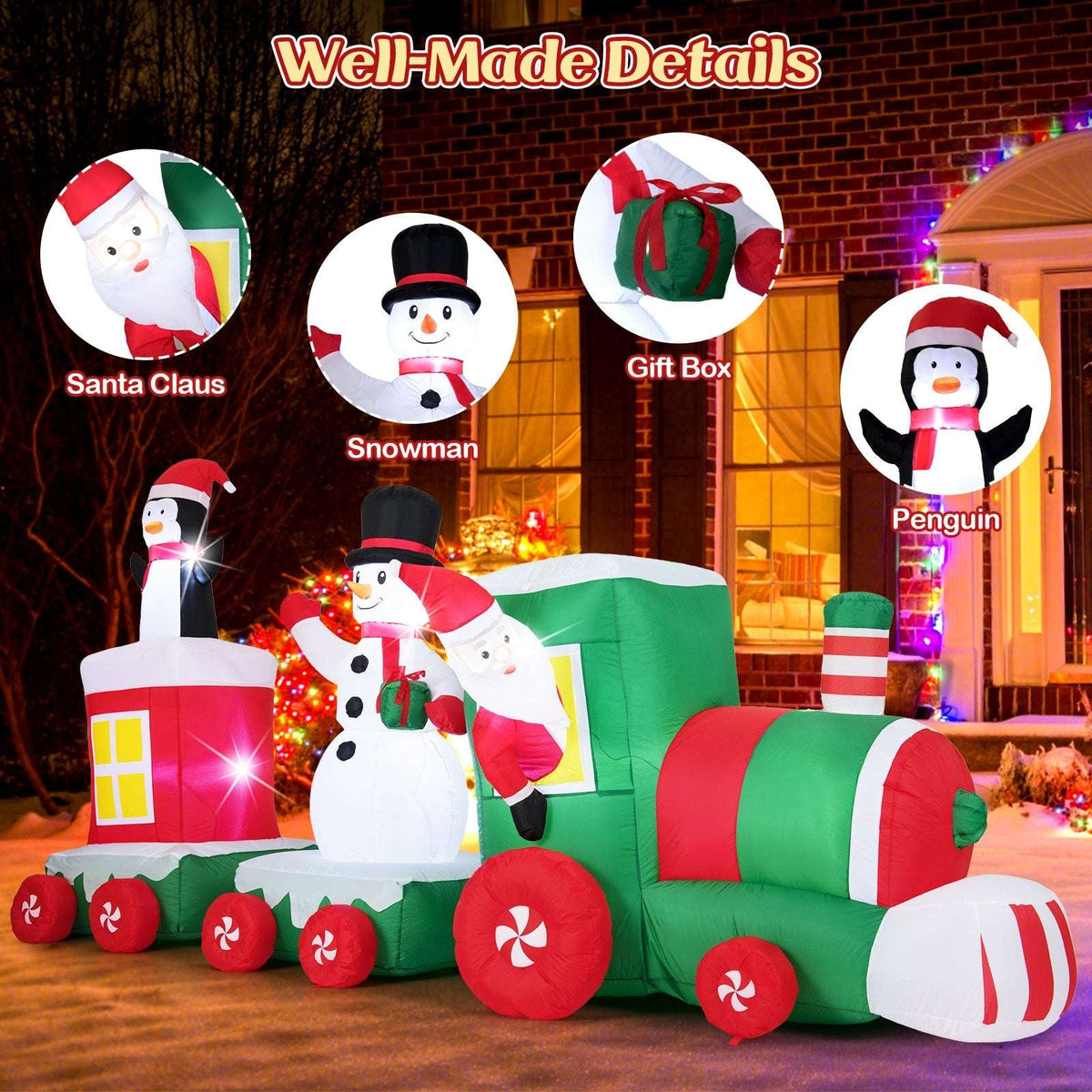 Inflatable Christmas train with close-up details of Santa, snowman, gift, and penguin
