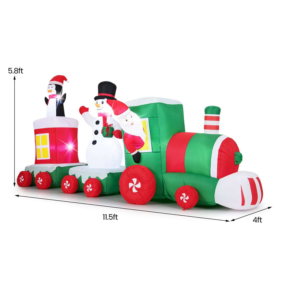Christmas inflatable train with Santa, snowman, penguin, and dimensions labeled