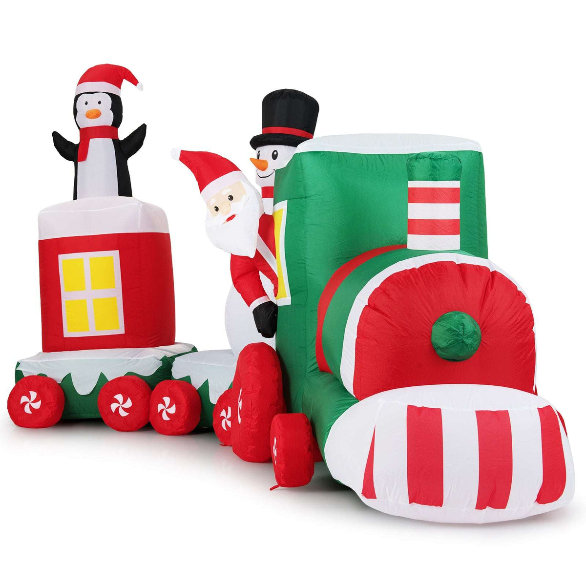 Inflatable train engine with a striped front, Santa, snowman, and penguin figures