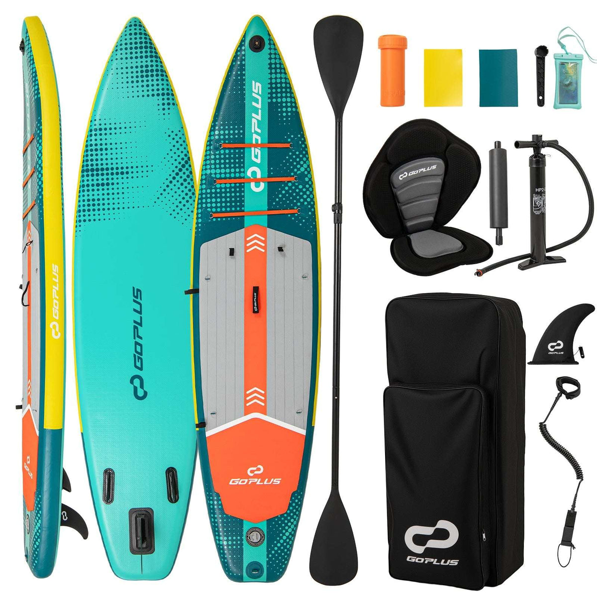 Inflatable paddle board with black kayak seat, paddle, footrest, fins, pump, and repair kit