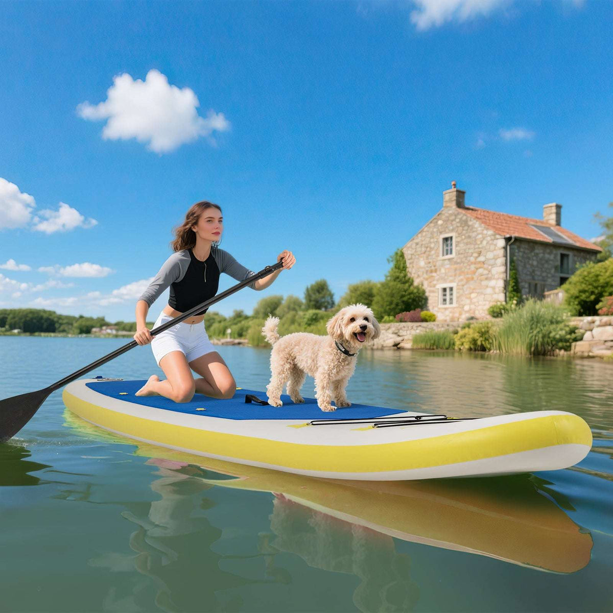 Inflatable paddle board with a blue deck and yellow rails, carrying a woman and dog