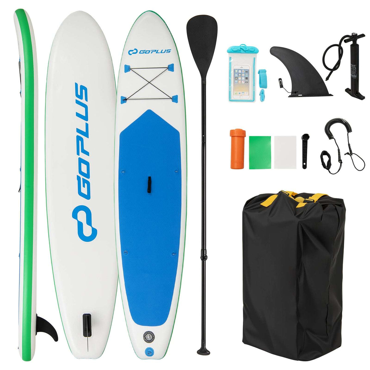 White and blue inflatable paddle board with green trim, paddle, pump, fin, leash, and carry bag