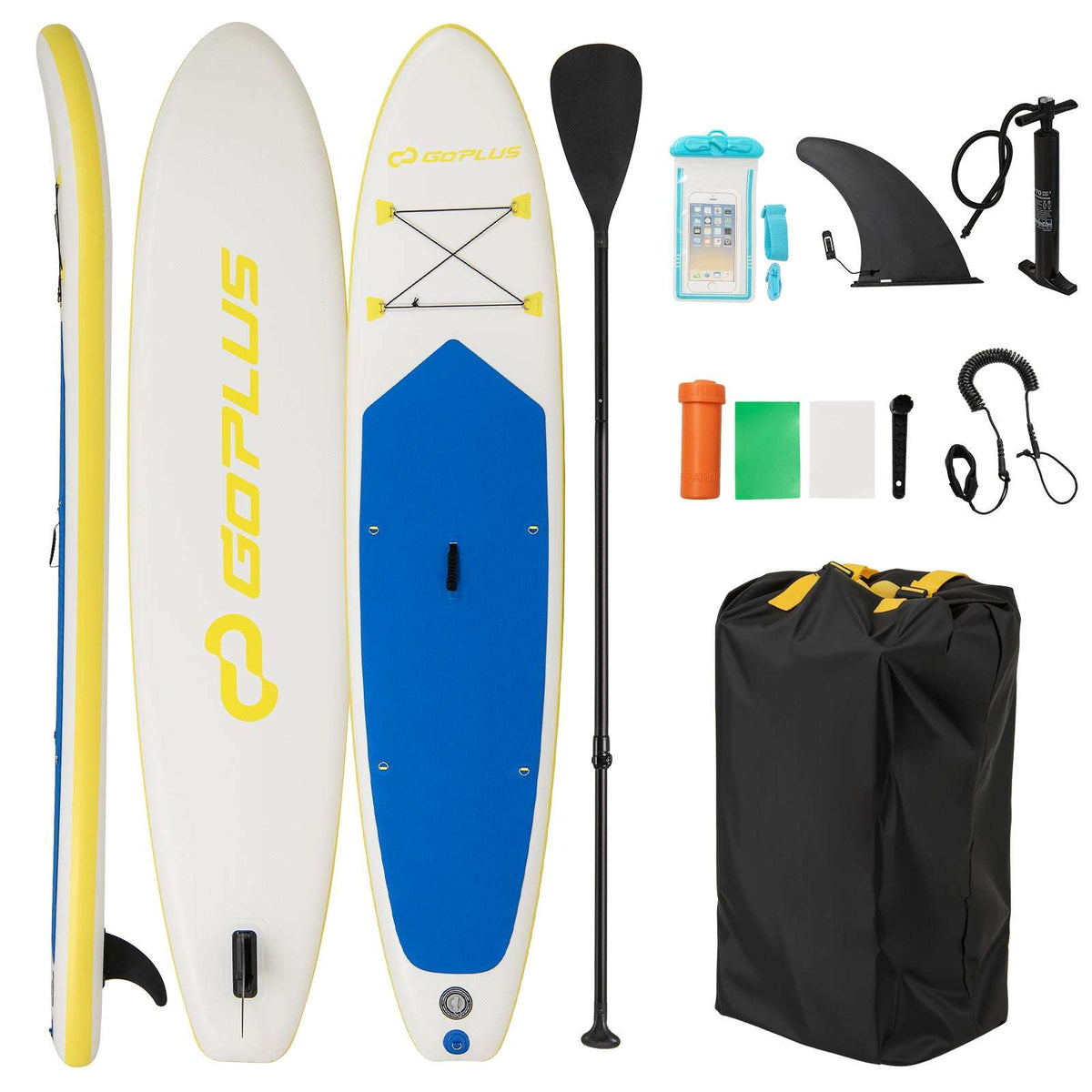 Inflatable paddle board and accessories, including paddle, pump, fin, leash, repair kit, and carry bag
