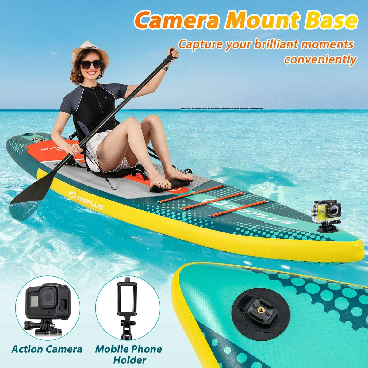 Inflatable paddle board with orange deck and mounted seat base for action accessories
