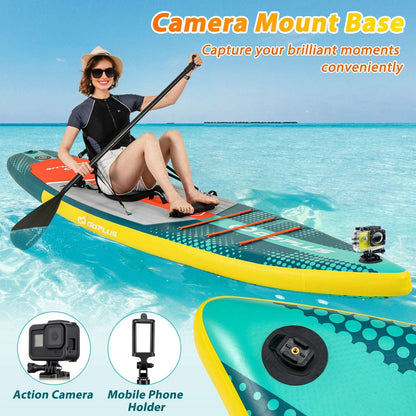 Inflatable paddle board with orange deck and mounted seat base for action accessories