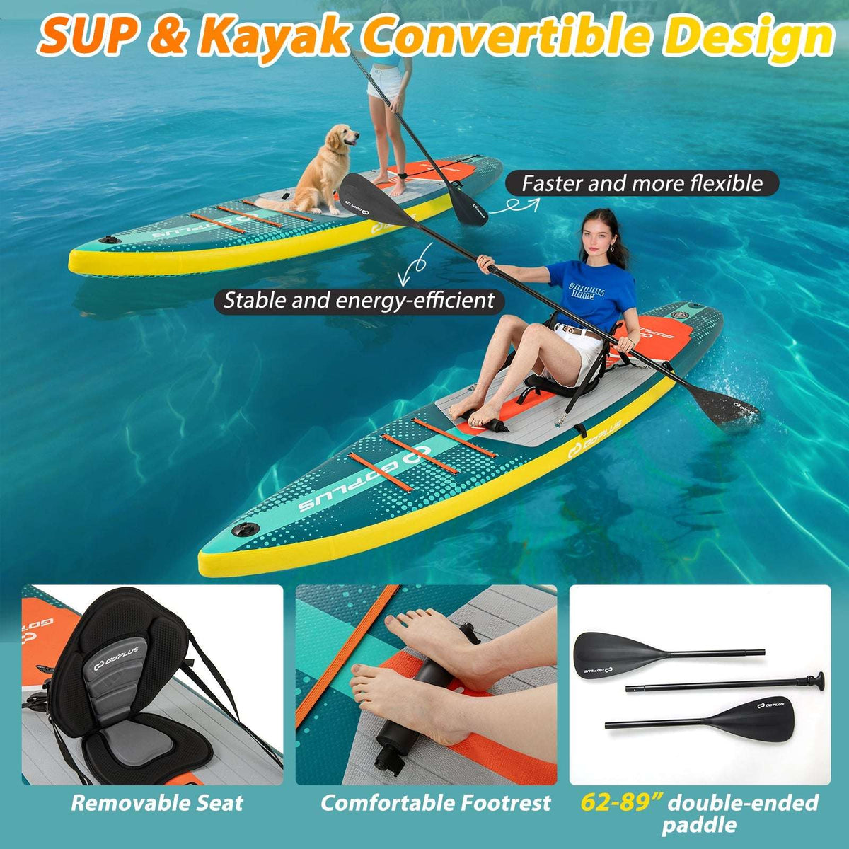 Inflatable SUP and kayak convertible design with removable black seat and footrest