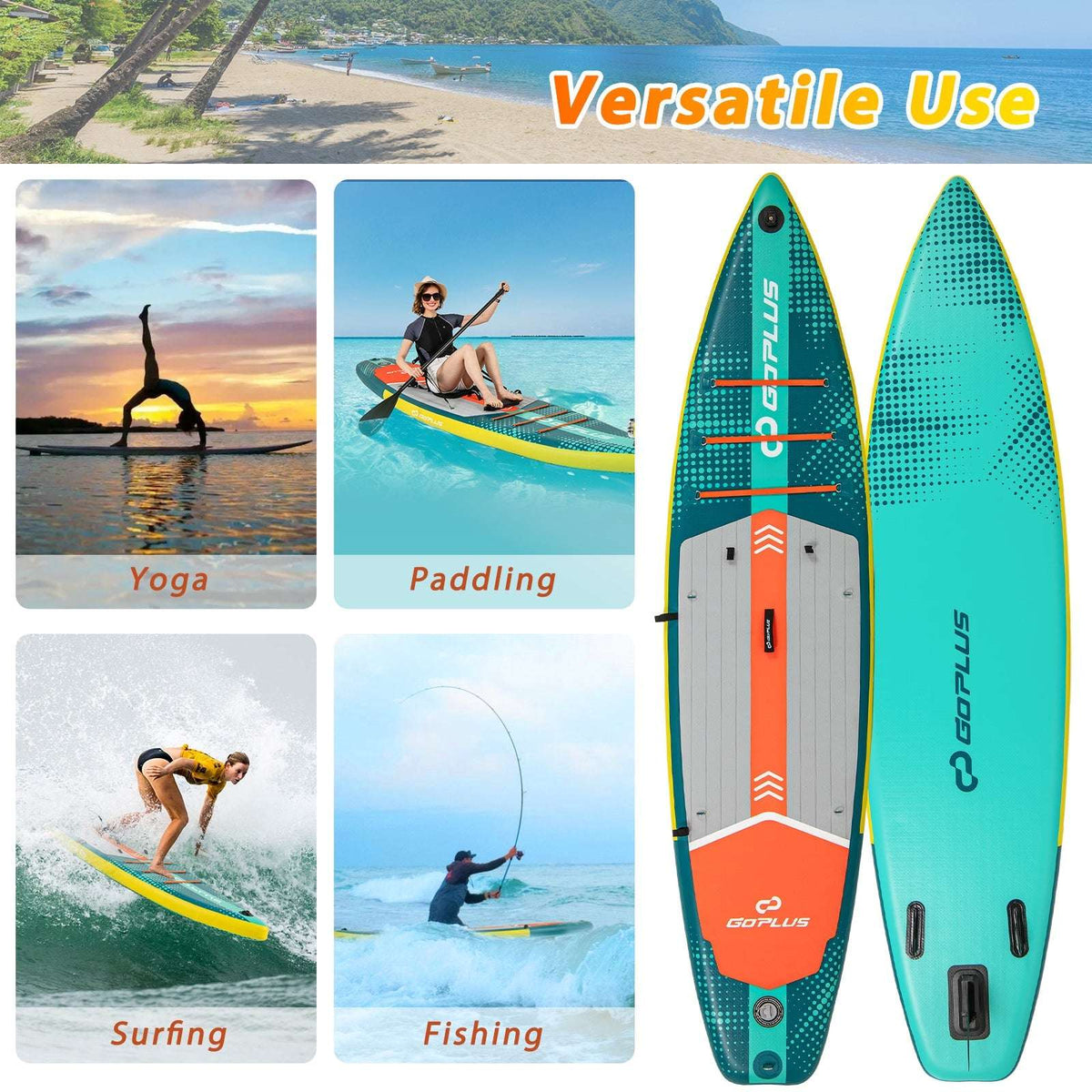 Inflatable paddle board for versatile use with black seat and orange deck insert