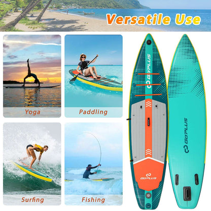 Inflatable paddle board for versatile use with black seat and orange deck insert