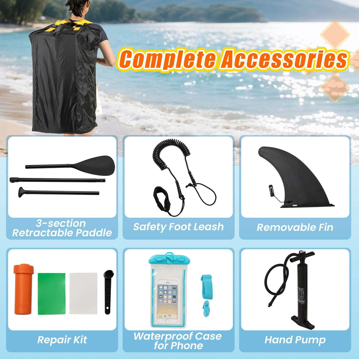 Inflatable paddle board accessory set with paddle, leash, fin, repair kit, phone case, and hand pump