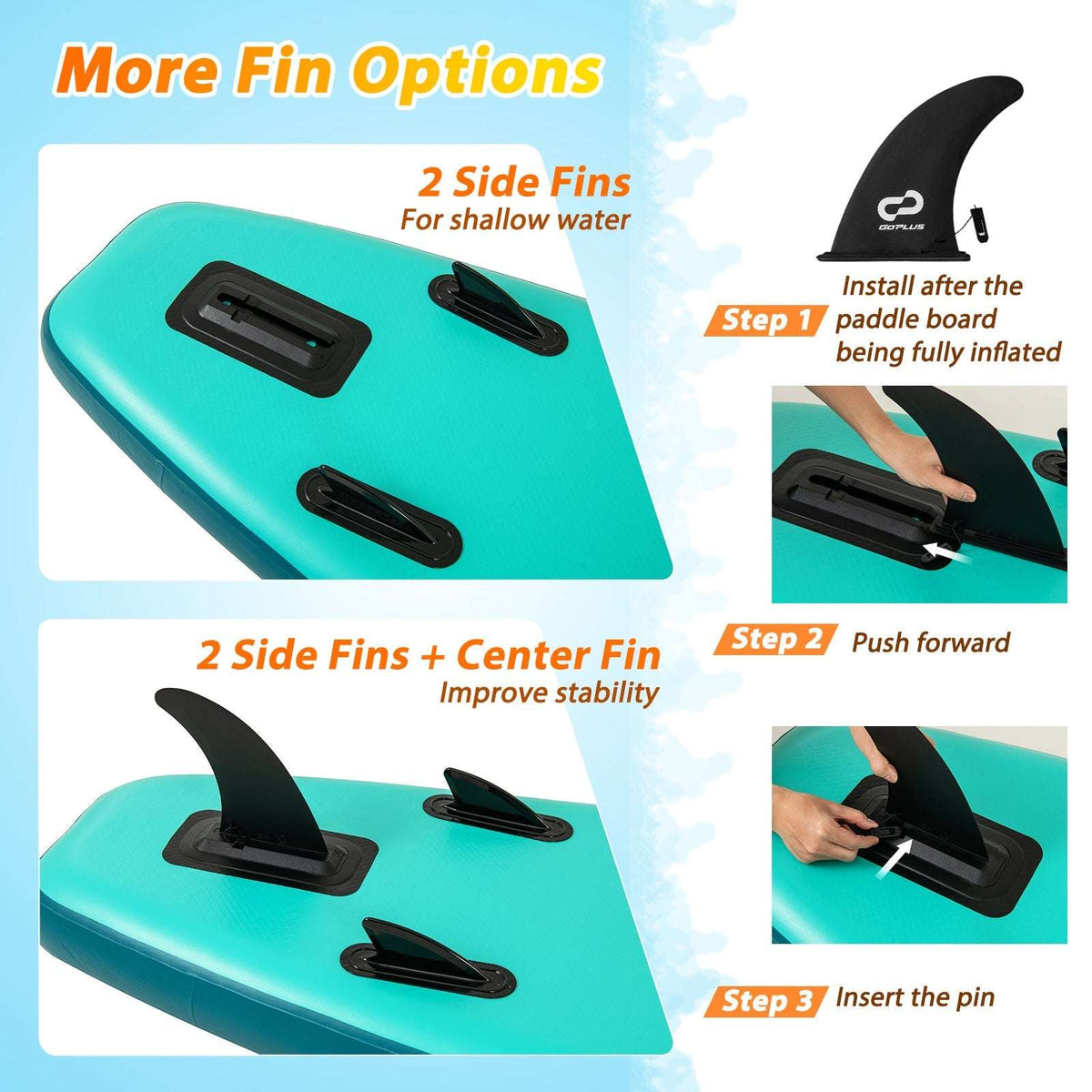 Inflatable paddle board side fins and center fin options with fin install steps