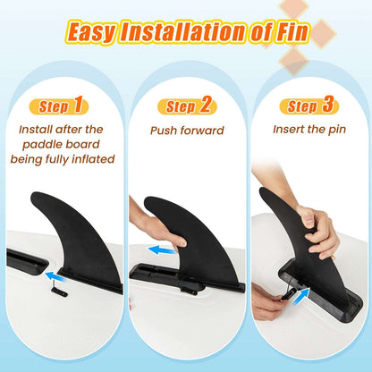 Black removable fin shown in three installation steps on an inflatable paddle board
