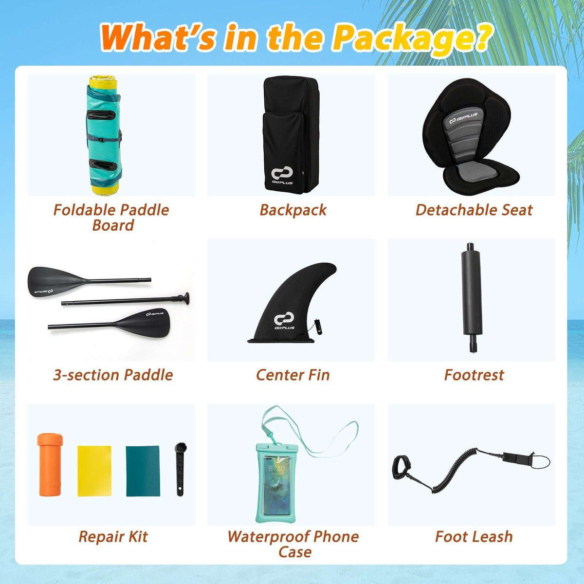 Package contents: inflatable foldable board, backpack, detachable seat, paddle, and accessories