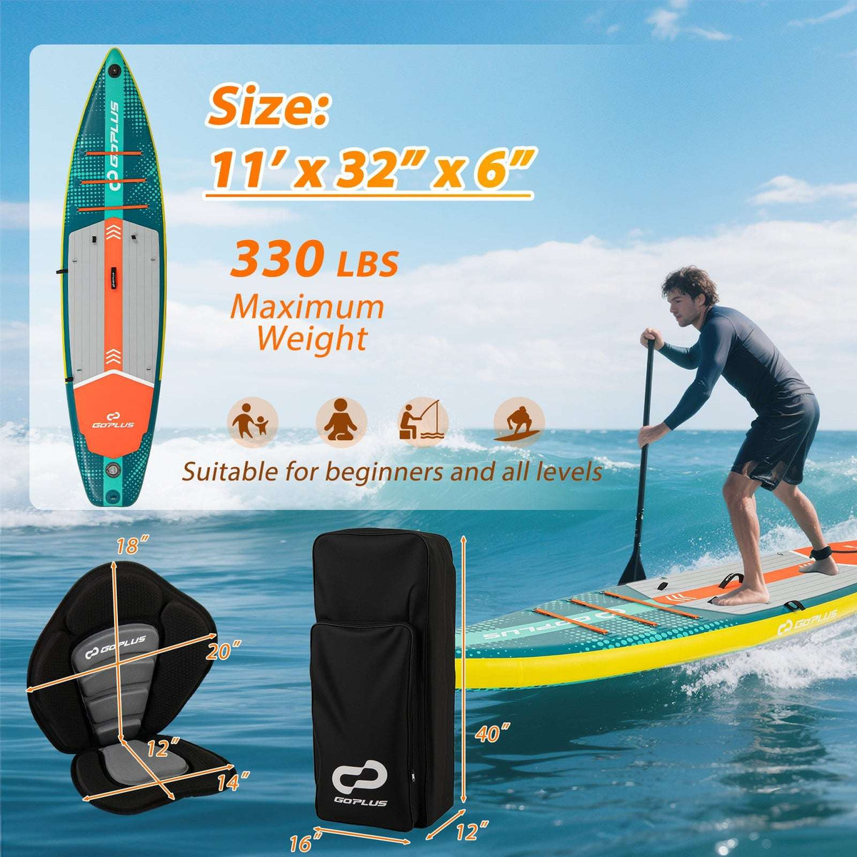 Inflatable SUP with black removable seat bag, footrest, and paddle board size diagram