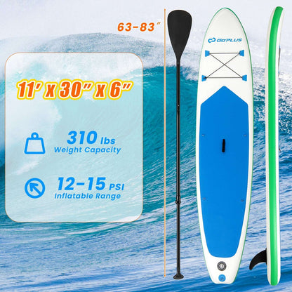 White and blue inflatable paddle board with green trim and paddle; 11-foot dimensions shown
