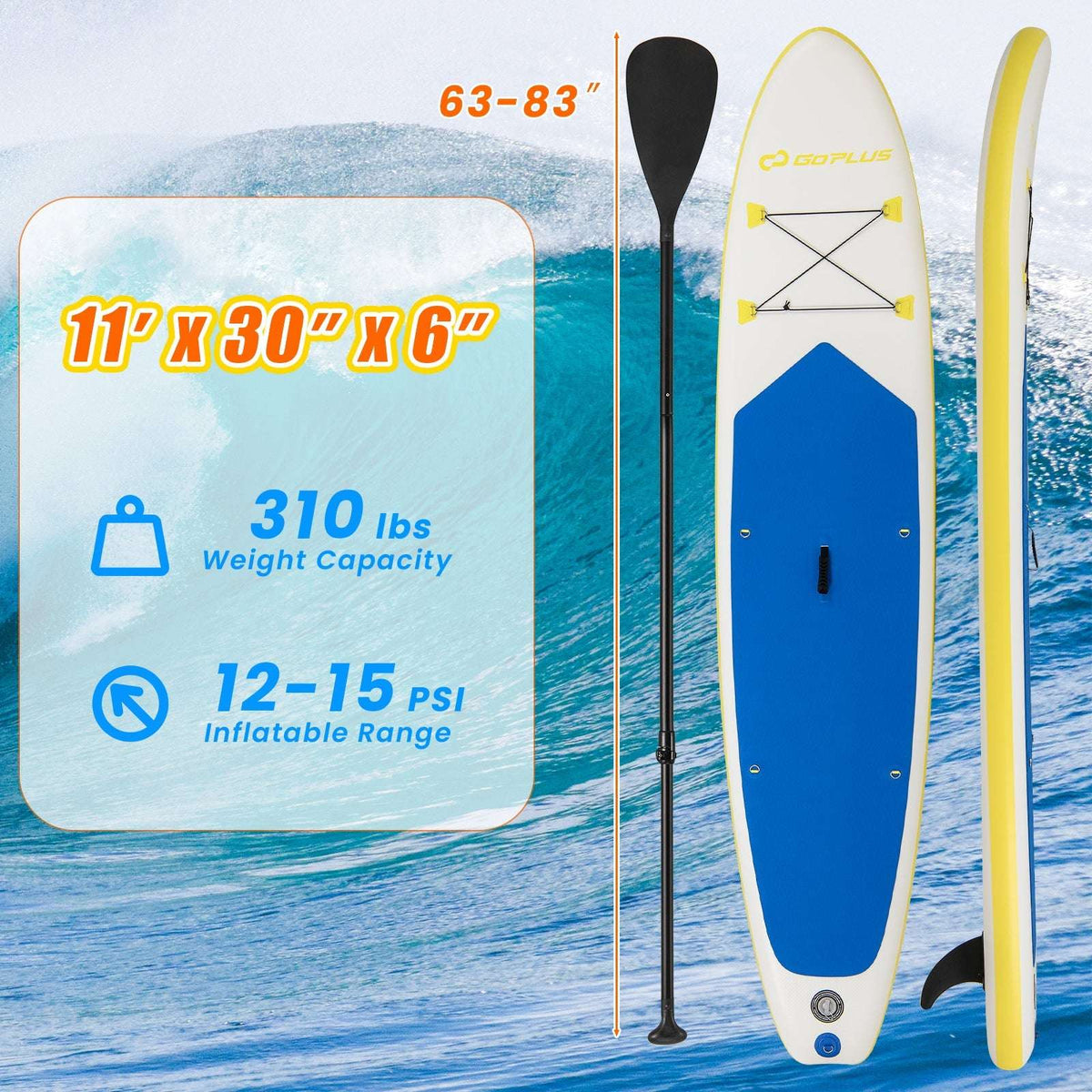 Inflatable paddle board shown with paddle and fin; graphic lists its size and capacity