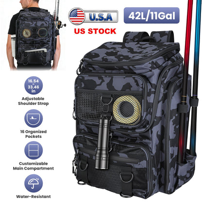 LakeForest Fishing Backpack – 42L, 16 Pockets, Dual Rod Holders & 8 D-Rings | 900D Polyester | 14.96"x9.06"x18.9" | Camo