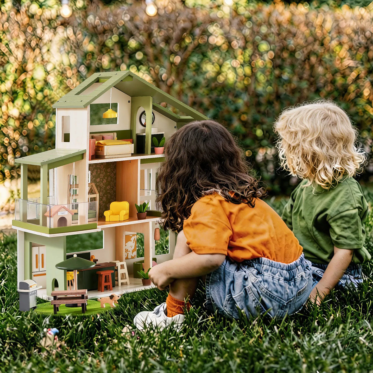 Tiny Land Sweetwood Edge Wooden Dollhouse - 48pc Green & Pink