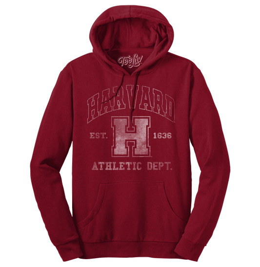 Crimson heather pullover hoodie with Harvard athletic dept logo and front kangaroo pocket