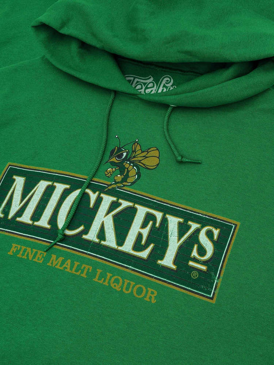 Kelly green pullover hoodie with Mickey's Fine Malt Liquor hornet chest logo