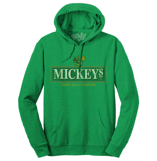 Kelly green pullover hoodie with front Mickey's Fine Malt Liquor hornet logo