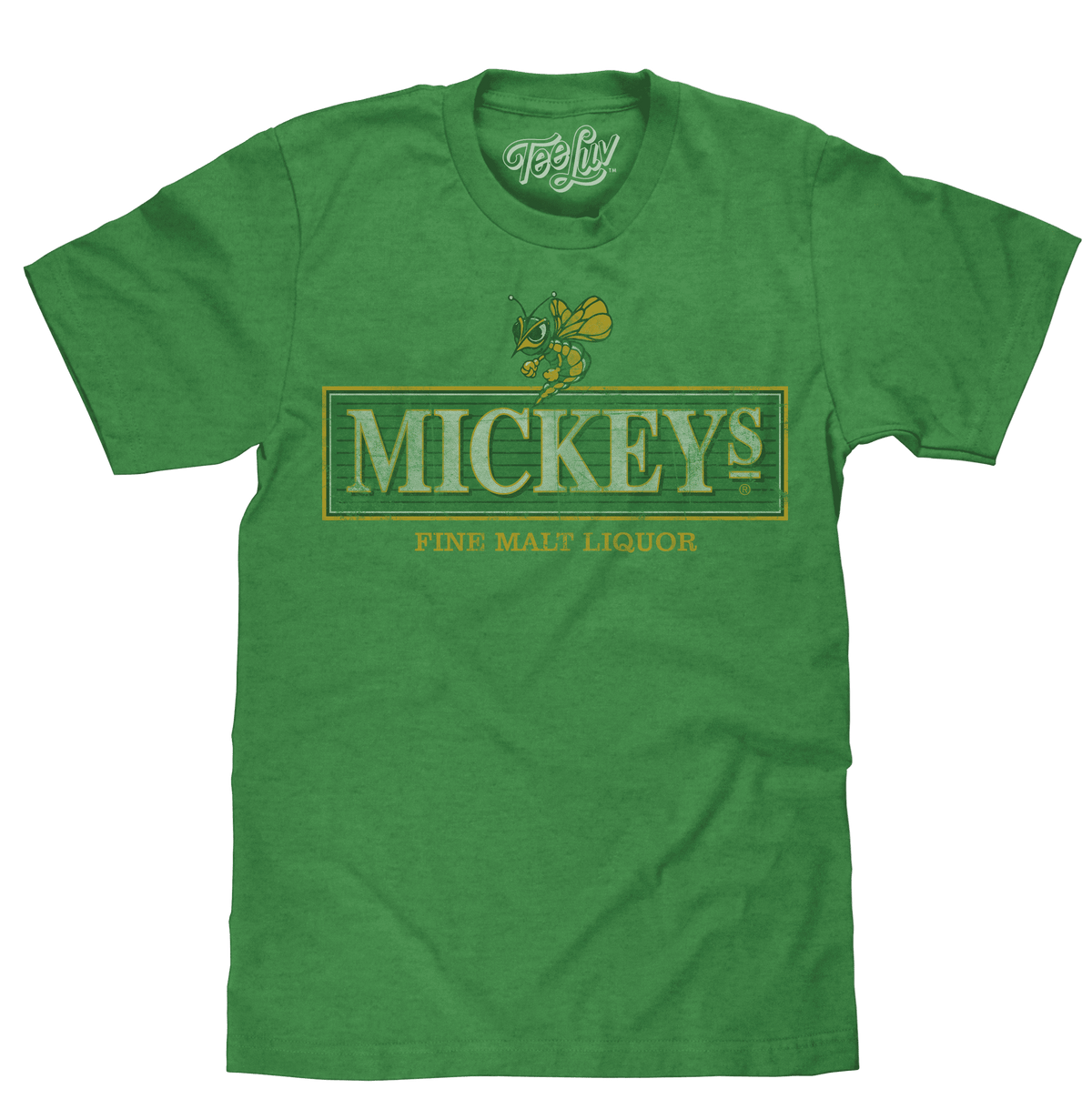 Green T-shirt with malt liquor logo and bee graphic on chest