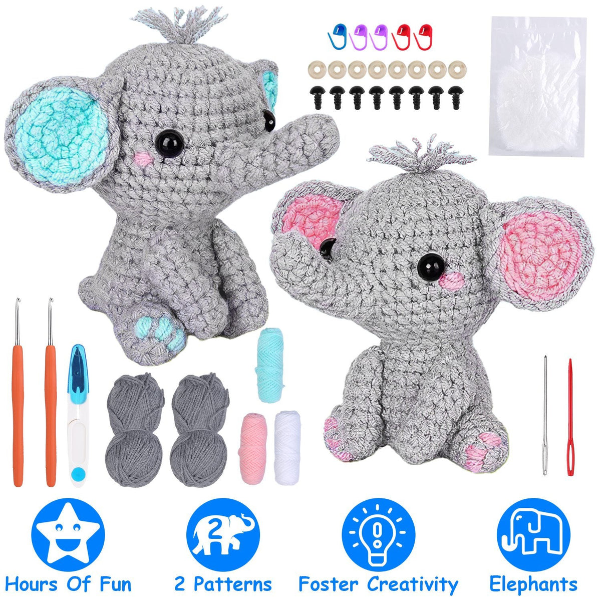 Elephant Crochet Kit for Beginners – 2 Elephant Patterns, Tools & Video Tutorials