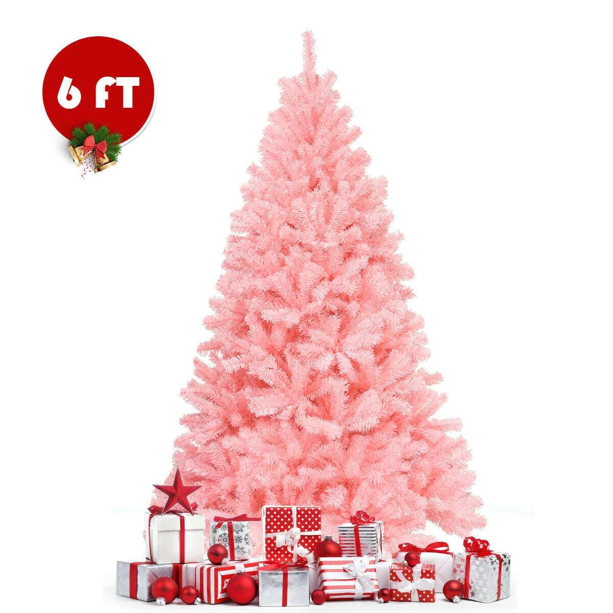 Pink artificial Christmas tree displayed with wrapped gifts at its base