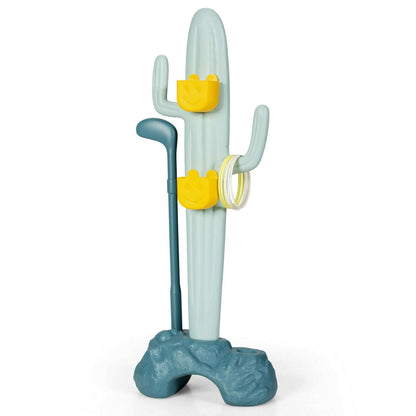 Cactus-shaped toy stand with golf club, ring-toss rings, and teal base