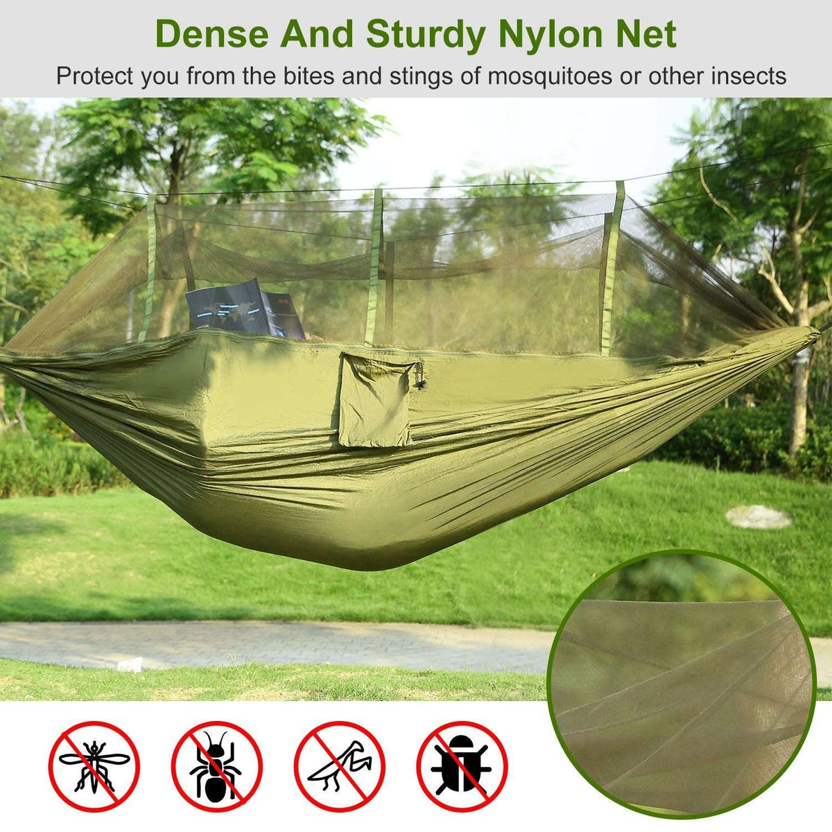 Olive green nylon mosquito net hammock with mesh fabric close-up