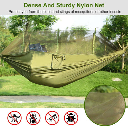 Olive green nylon mosquito net hammock with mesh fabric close-up
