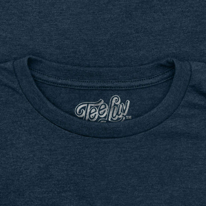 Navy crew neck T-shirt with small TeeLuv logo label at collar