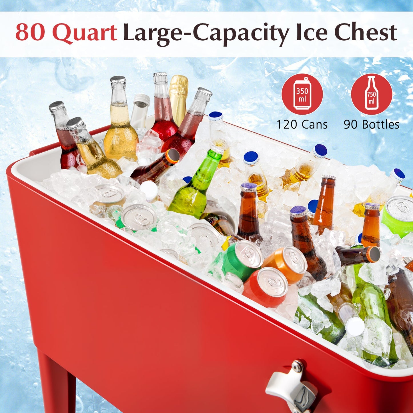 Portable Patio Cooler | 80 Qt | 48-Hour Cold Retention | Wheels, Shelf & Bottle Opener | Gray or Red