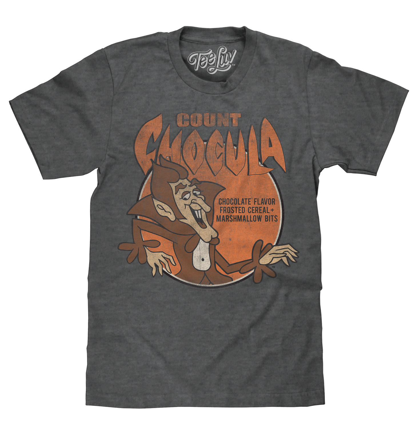 Count Chocula T-Shirt | Distressed Monster Cereal Logo | Charcoal Heather | Poly-Cotton