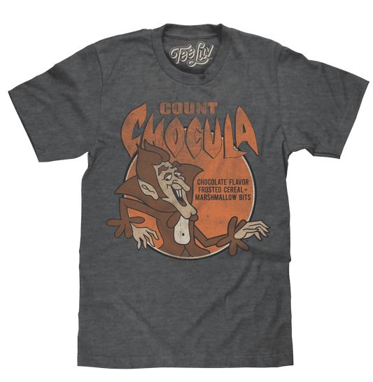 Charcoal heather T-shirt with distressed Count Chocula cereal logo graphic