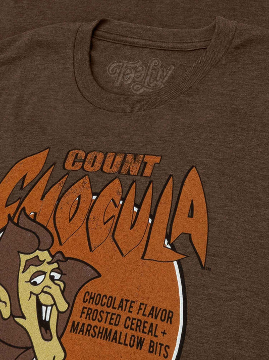 Heather brown crewneck T-shirt with distressed Count Chocula graphic and character