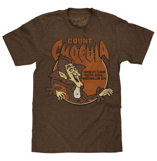 Heather brown distressed monster cereal graphic T-shirt with crew neck and orange logo