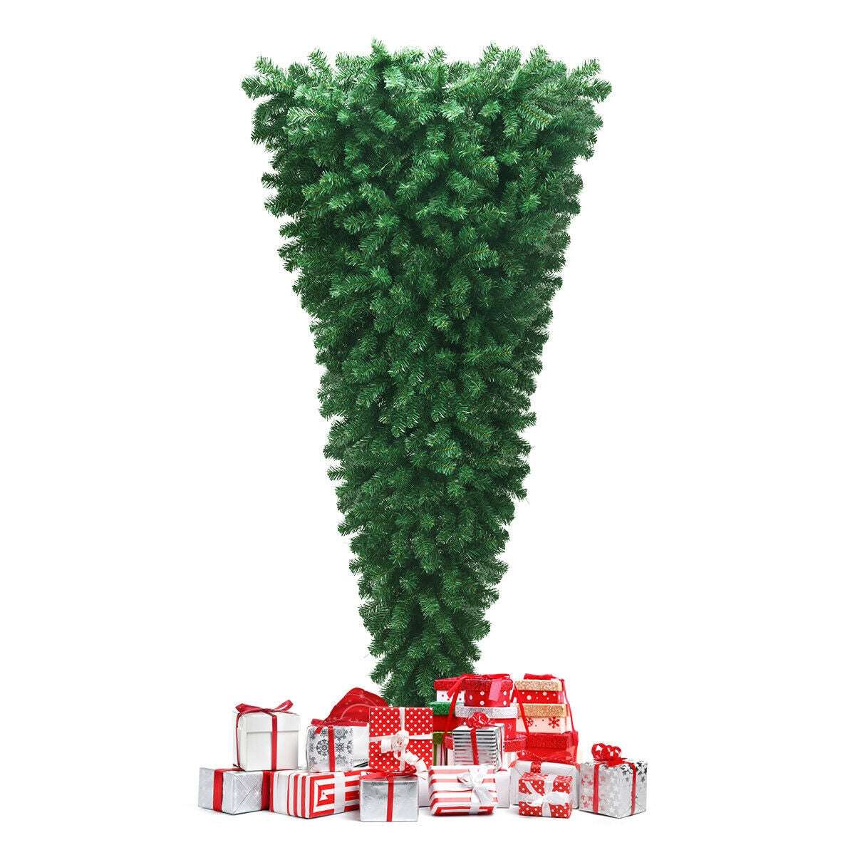 Green inverted artificial Christmas tree displayed with wrapped gifts