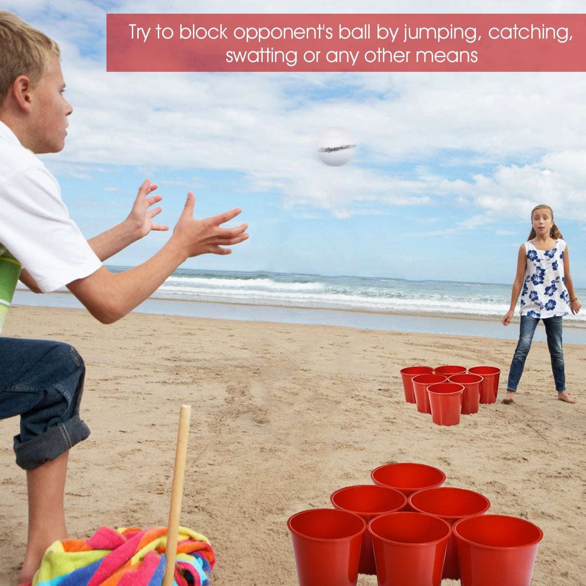 Outdoor bucket pong game set with red cups and foam balls