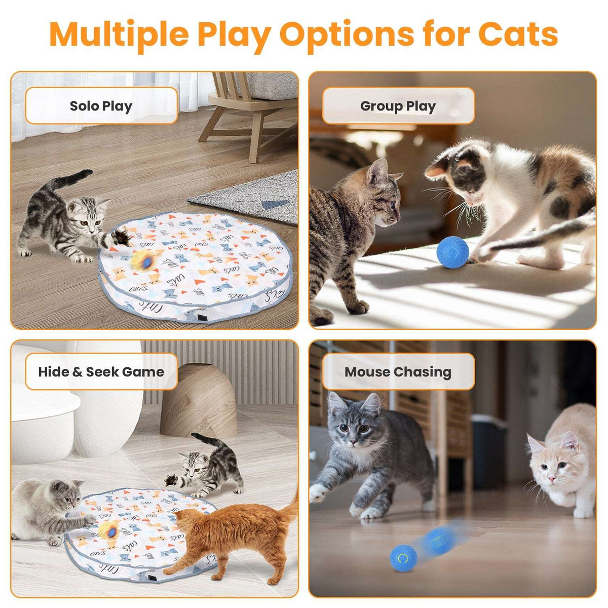 Interactive cat toy play mat with multiple cats, featuring rolling fuzzy ball