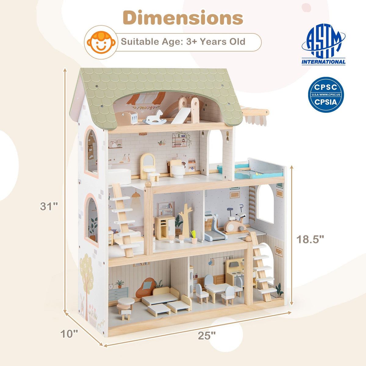 Wooden Dollhouse with 33-Piece Furniture Set and Movable Stairs – Green