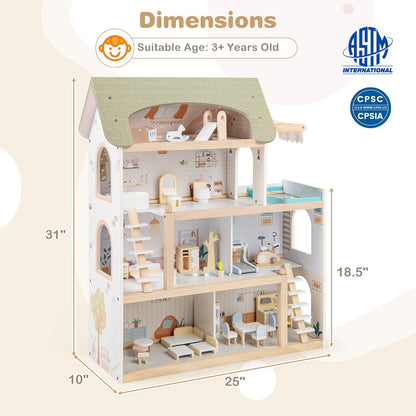 Wooden Dollhouse with 33-Piece Furniture Set and Movable Stairs – Green