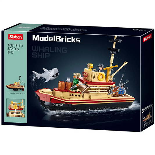 ModelBricks whaling ship building kit box with shark and ship illustration