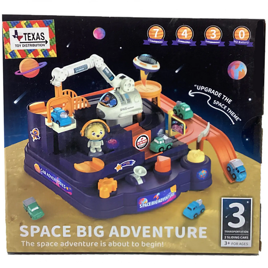 Space adventure tabletop racing track toy with orange and blue track, 3 magnetic cars