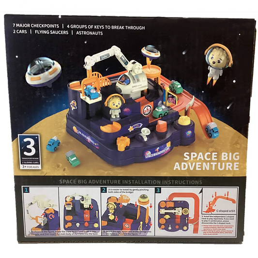 Space tabletop racing track toy back with space pieces and magnetic car set