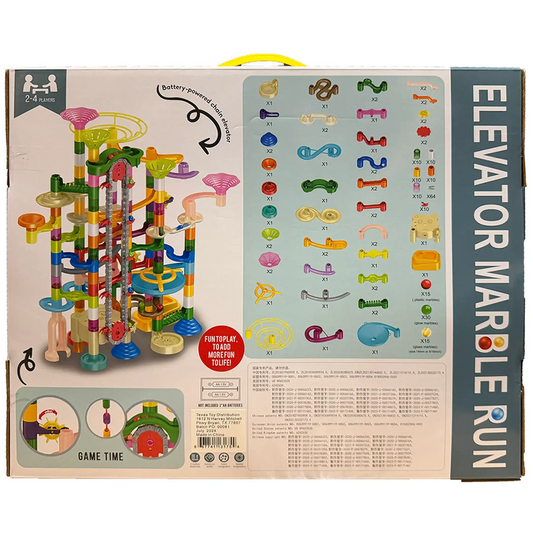 Marble run building block set box back with piece list and icons, 236 pieces.