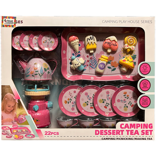 Camping play tea set with pink stove, teapot, plates, and dessert accessories (22 pcs)