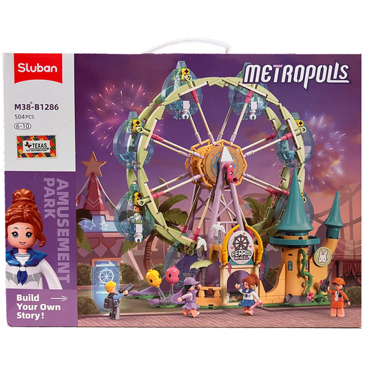 Ferris wheel brick building kit box with toy figures and assembled wheel artwork