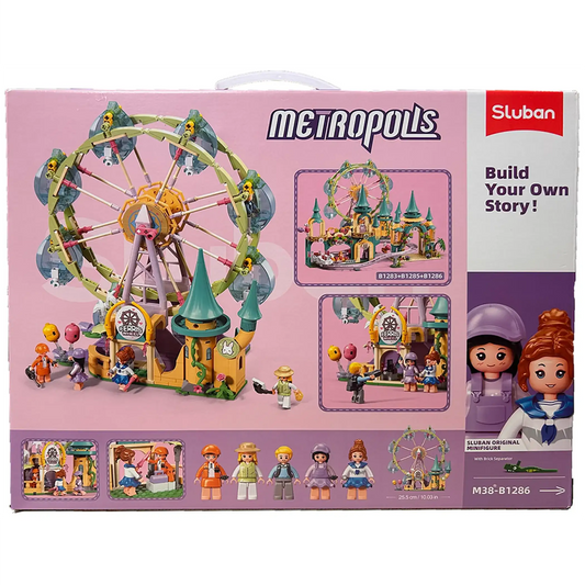 Ferris wheel brick kit box back with window showing mini builds and character figures