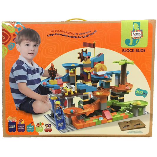 200-piece block construction set box showing marble-drop slide track and pieces
