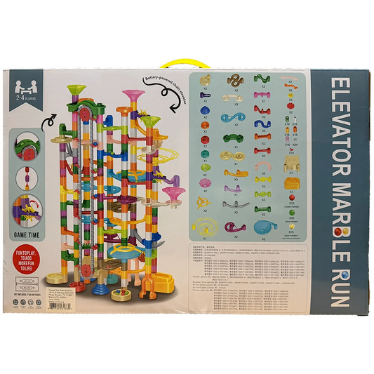 Large elevator marble run toy set box showing colorful block tracks and parts guide